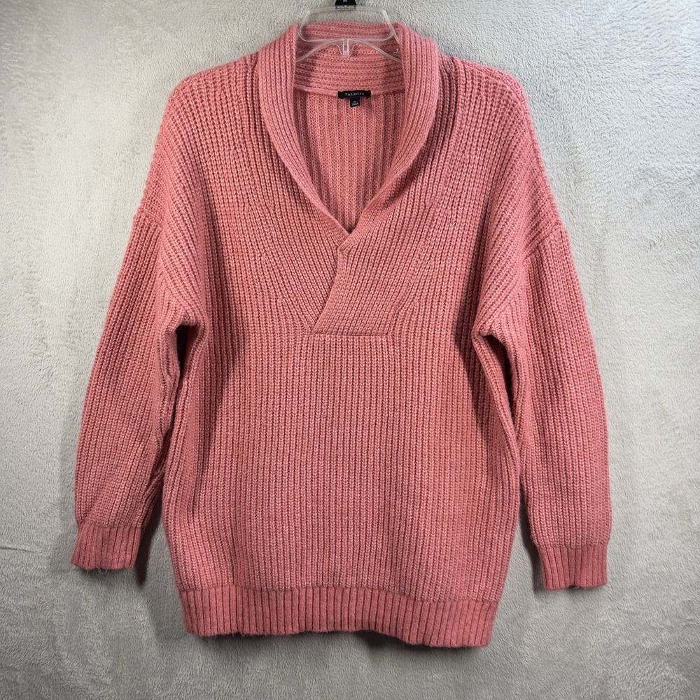 TALBOTS Chunky Knit‎ Shawl Collar Pullover Sweater Women's M Coral